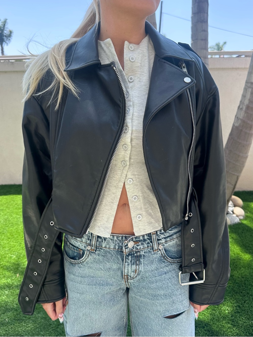 Black Faux Leather Moto Jacket - Women's Cropped Biker Coat